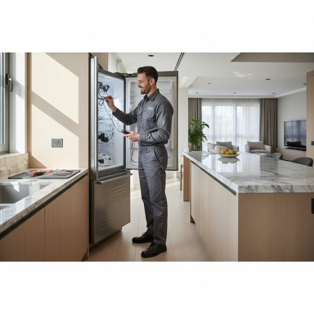 Professional technician inspecting a premium built-in refrigerator